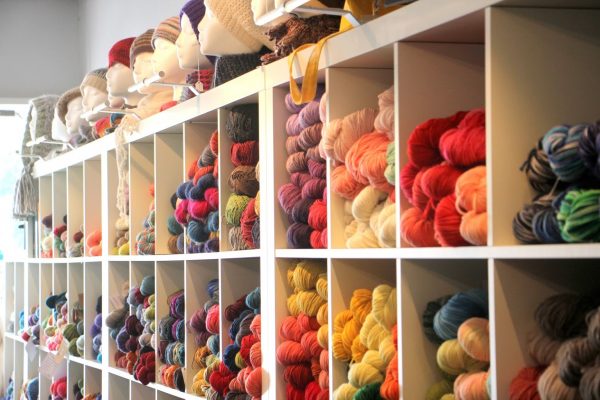 cubby hole shelf display at hooked knit shop in haddonfield nj