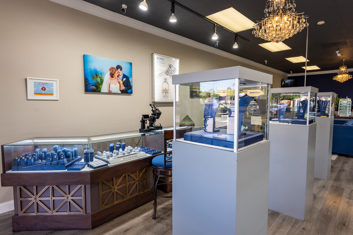 glass necklace display cases at Diamond Direct, Brea, CA Jewelry Store