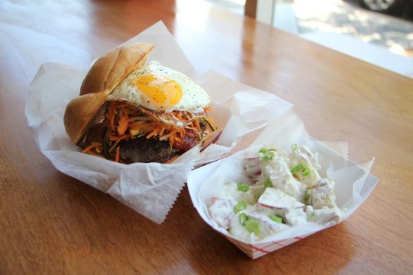 egg on hamburger at MOGO Korean Fusion Tacos Restaurant, Asbury Park, NJ