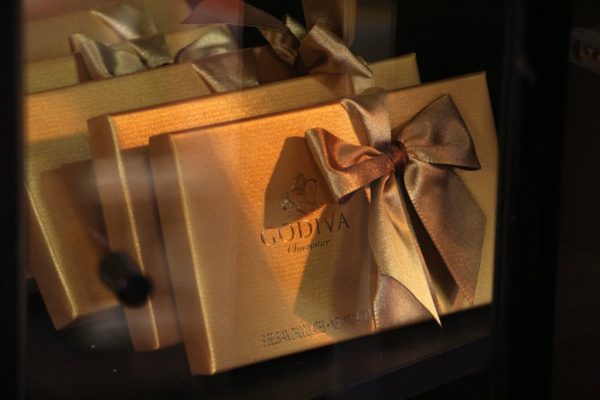 Horse Feathers Floral Design Mt Holly NJ gold godiva box of chocolate bow