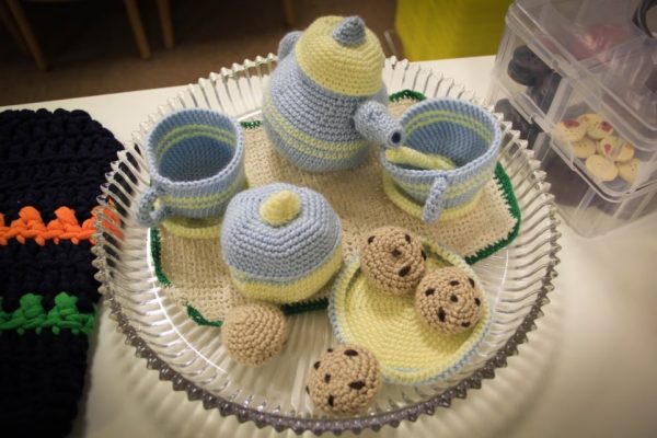 MOORE YARN at Airport Plaza Hazlet NJ knitted tea cup set chocolate chip cookie