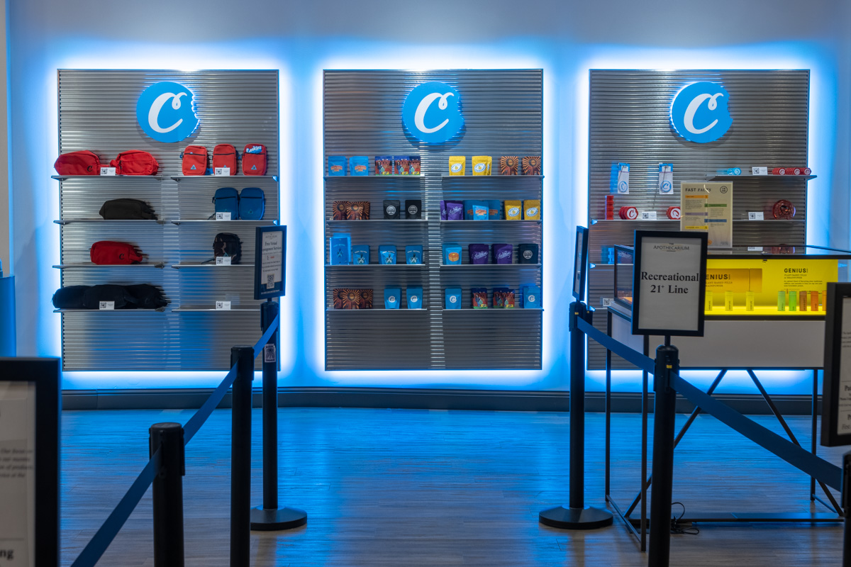 glowing wall shelves at Apothecarium Dispensary Maplewood, NJ 360 Virtual Tour for Cannabis store