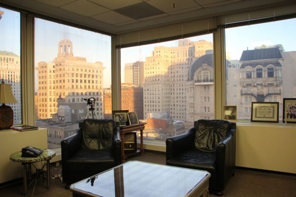 Law Offices of Lonny Fish Philadelphia PA city skyline corner office window view telescope