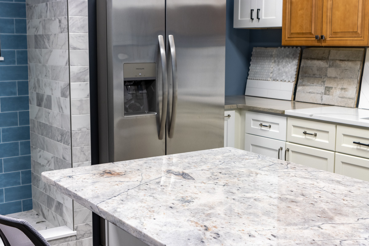 marble kitchen island at 215 Mercury, Jenkintown, PA 360 Virtual Tour for Kitchen and Bathroom Remodeling