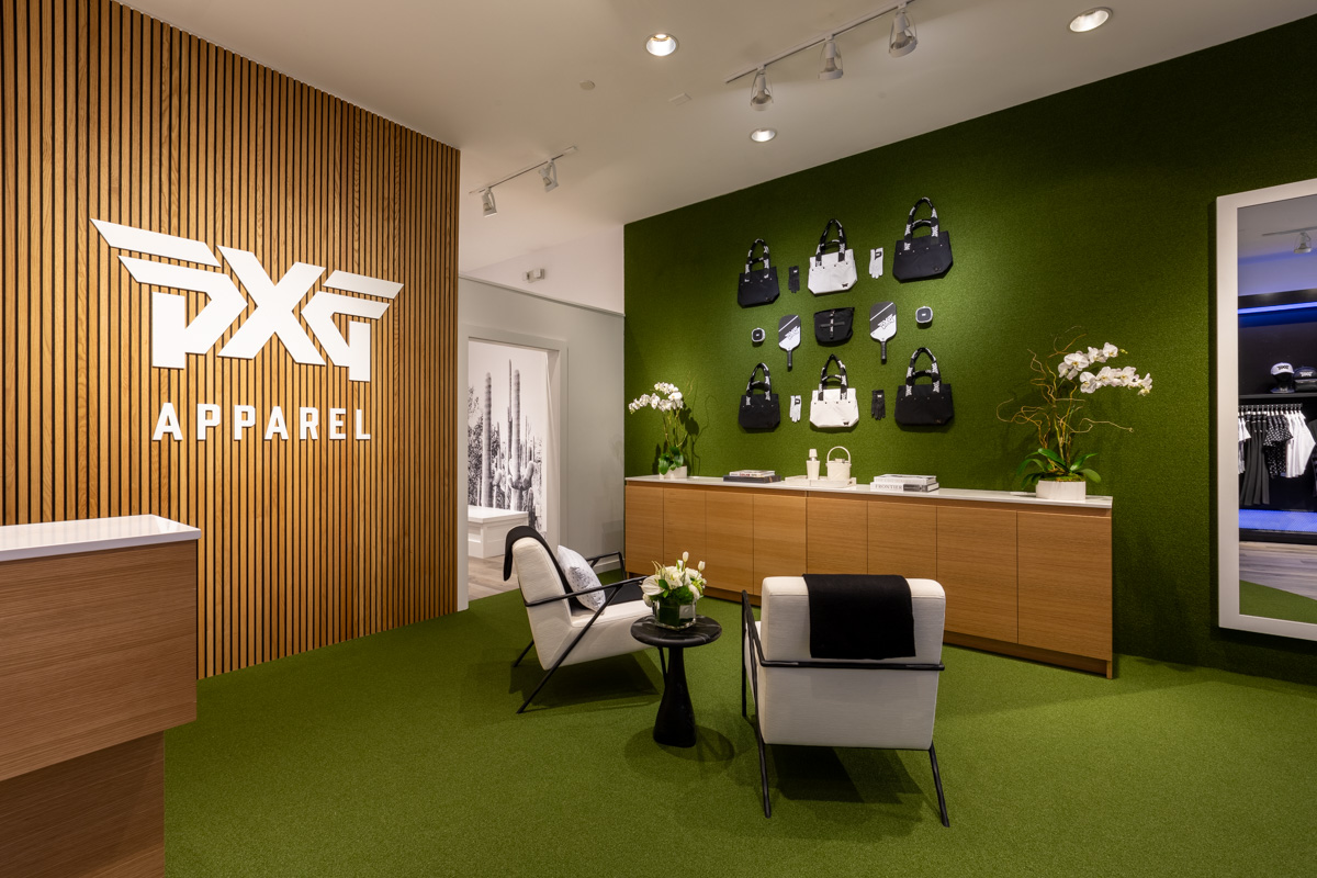 back display at PXG Apparel Pop-Up Shop Scottsdale Fashion Square, AZ 360 Virtual Tour for Golf Clothing Store