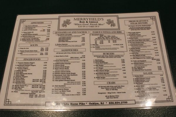 Merryfields Bar Oaklyn, New Jersey. Menu and Specials