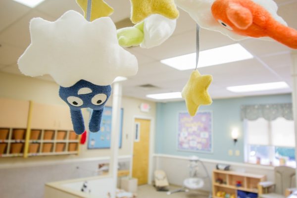 Lightbridge Academy pre-school on route 27 North Brunswick, NJ baby mobile character hanging from cloud upside down