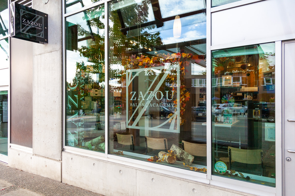 front display sign at Zazou Salon and Academy Lynn Valley, North Vancouver, British Columbia 360 Virtual Tour for Hairdresser and Beauty Salon