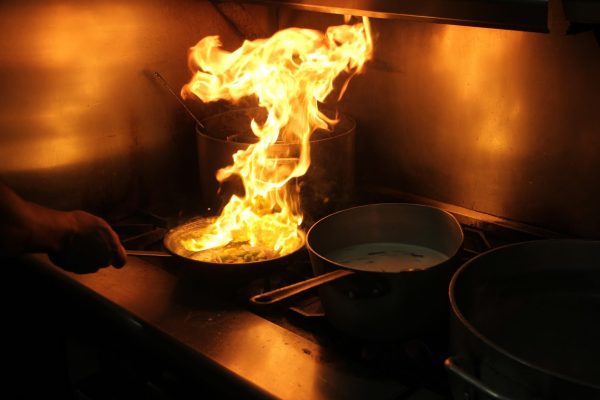 flambe pan fire on stove at Vincent's Brick Oven Pizza - See-Inside Pizzaria, Maple Shade, NJ