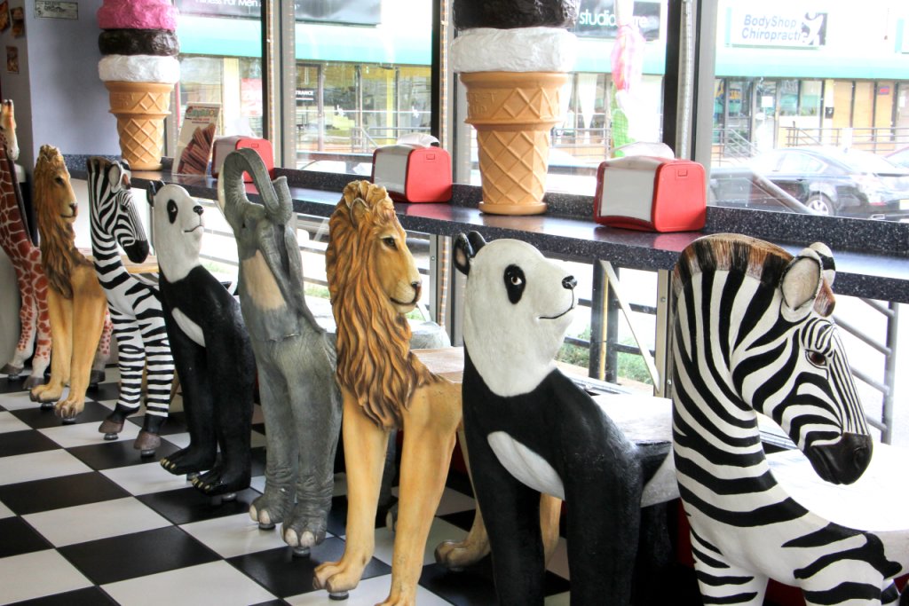 Ice Cream Parlour Cherry Hill NJ jumanji animal chairs lion panda zebra elephant giraffe