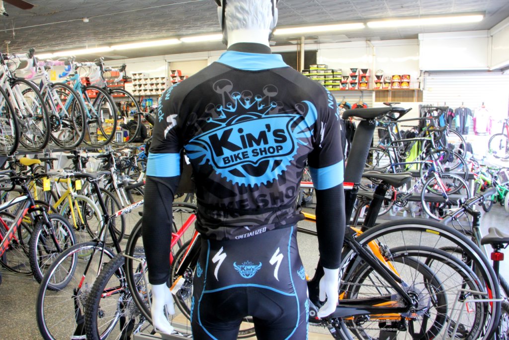 Kim's Bike Shop New Brunswick NJ mannequin cycling spandex suit logo