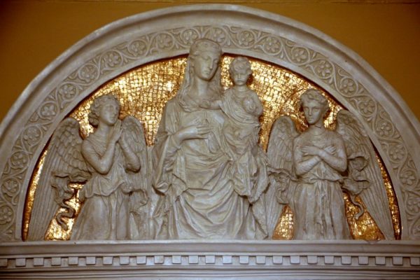Murphy Ruffenach & Brian W. Donnelly Funeral Homes Philadelphia PA virgin mary baby jesus flanked by angles marble relief gilded