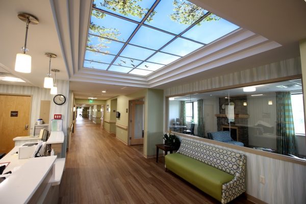 Homestead Rehabilitation and Health Care Center Newton, NJ Rehabilitation Center hallway nurses desk sky light