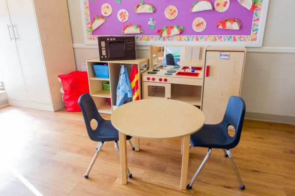 cardboard pizza over dining set at Lightbridge Academy pre-school and daycare in Manalapan, NJ