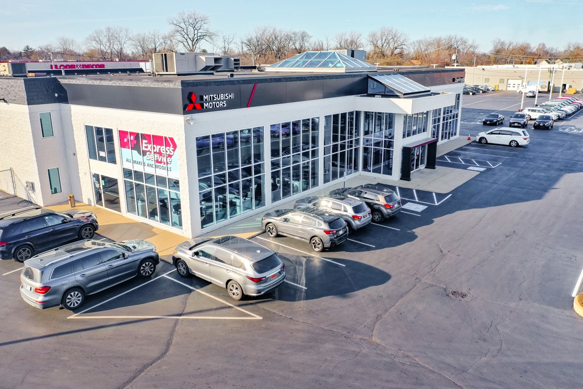 aerial drone view of Countryside Mitsubishi Car Dealership in Countryside, IL