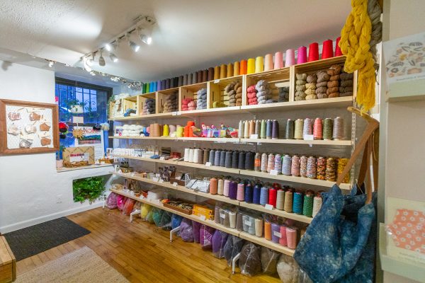 yarn store display at Loop of the Loom Saori Hand Weaving Studio in Upper East Side NY