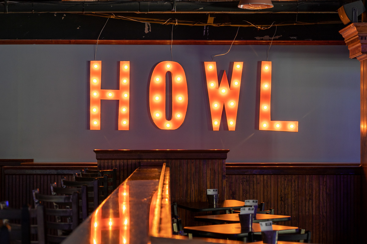 HOWL light bulb sign at Howl at the Moon Indianapolis, IN Night Club Bar and Live Music Venue