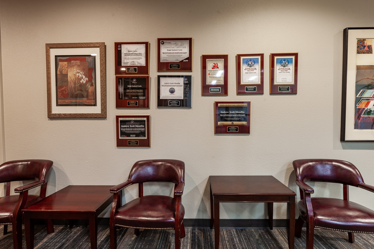 award plaques at Curtis Legal Group, Modesto, CA Personal Injury Attorney Office