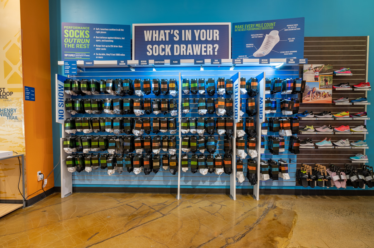 sock display at Road Runner Sports, Concord, CA Running Shoe Store