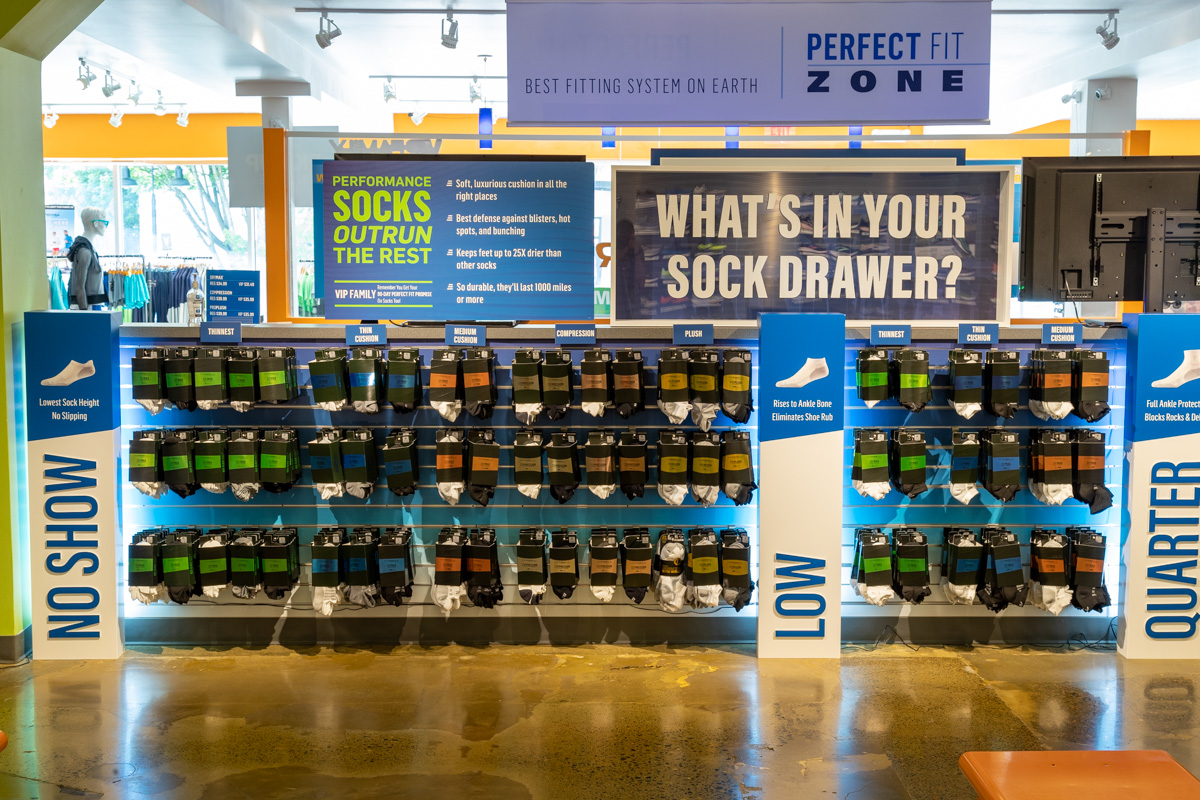 sock display at Road Runner Sports, Portland, OR Running Shoe Store