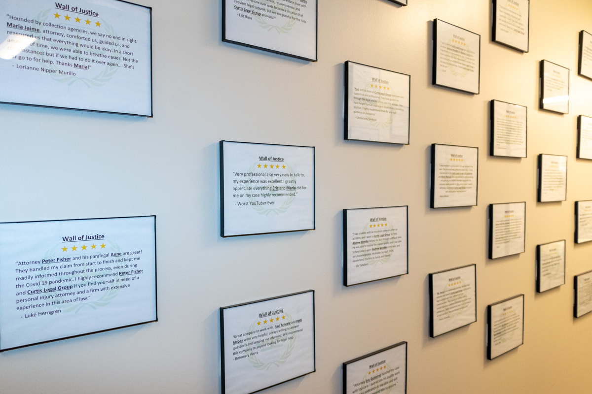 wall of reviews at Curtis Legal Group, Sacramento, CA 360 Virtual Tour for Personal Injury Attorney