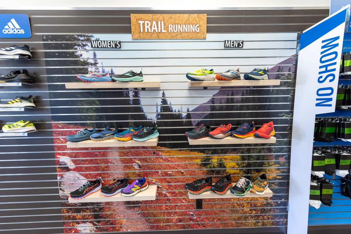 trail running sneaker display at Road Runner Sports Tustin, Irvine, CA 360 Virtual Tour for Running Shoe Store