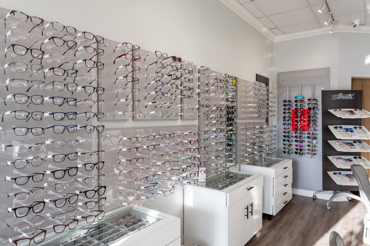 wall display of glasses frames at Bella Eye Care Optometry, Newark, CA 360 Virtual Tour for Optometrist