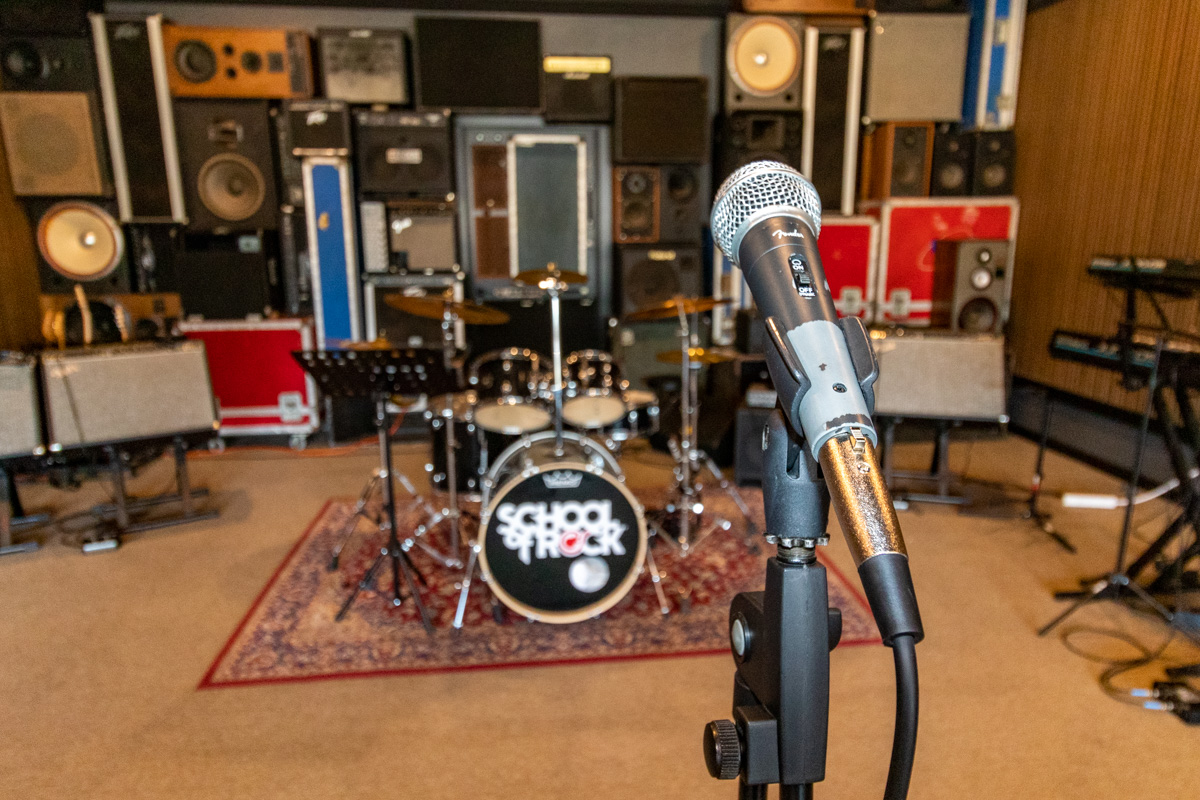 microphone drum-kit set at School of Rock, Carmichael, CA 360 Virtual Tour for Music School