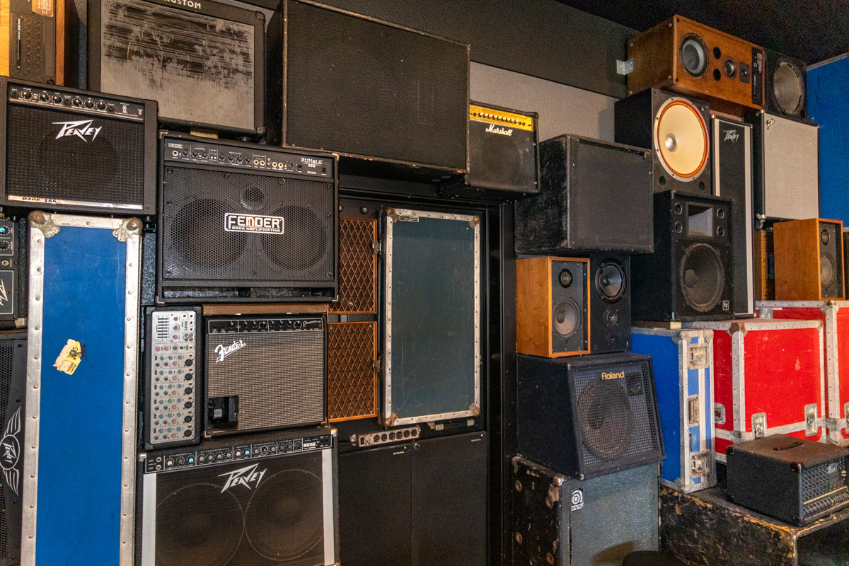 wall of speakers at School of Rock, Carmichael, CA 360 Virtual Tour for Music School