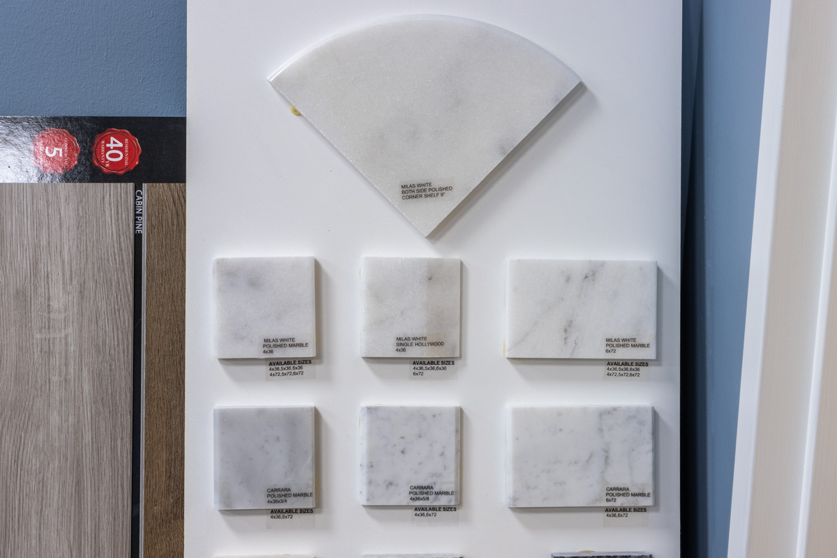 white marble samples at 215 Mercury, Jenkintown, PA 360 Virtual Tour for Kitchen and Bathroom Remodeling