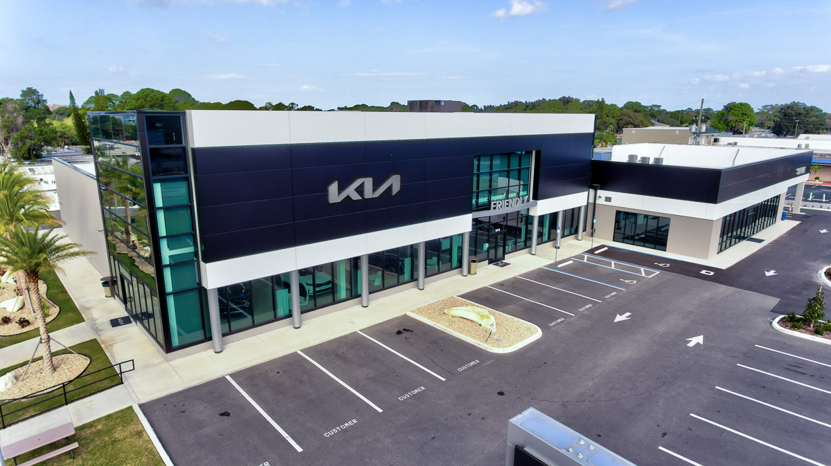 drone shot of building of Friendly Kia, New Port Richey, FL 360 Virtual Tour for Car Dealership