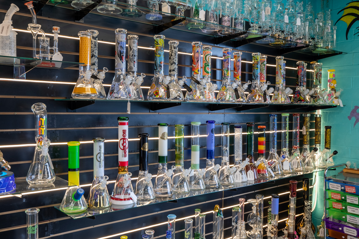 shelf of bongs and water pipes at Smash Glass and Vape, Arvada, CO 360 Virtual Tour for Vaporizer store