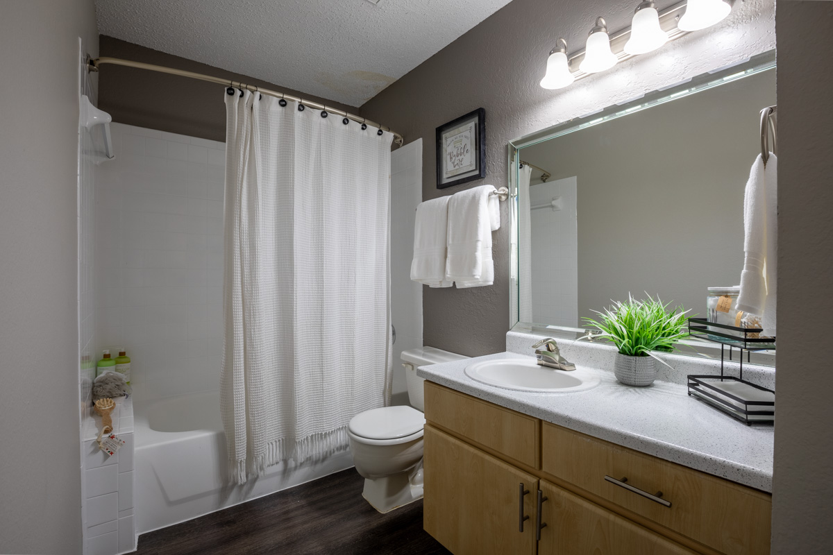 model bathroom at Village Green of Bear Creek in Euless, TX 360 Virtual Tour for Apartment complex