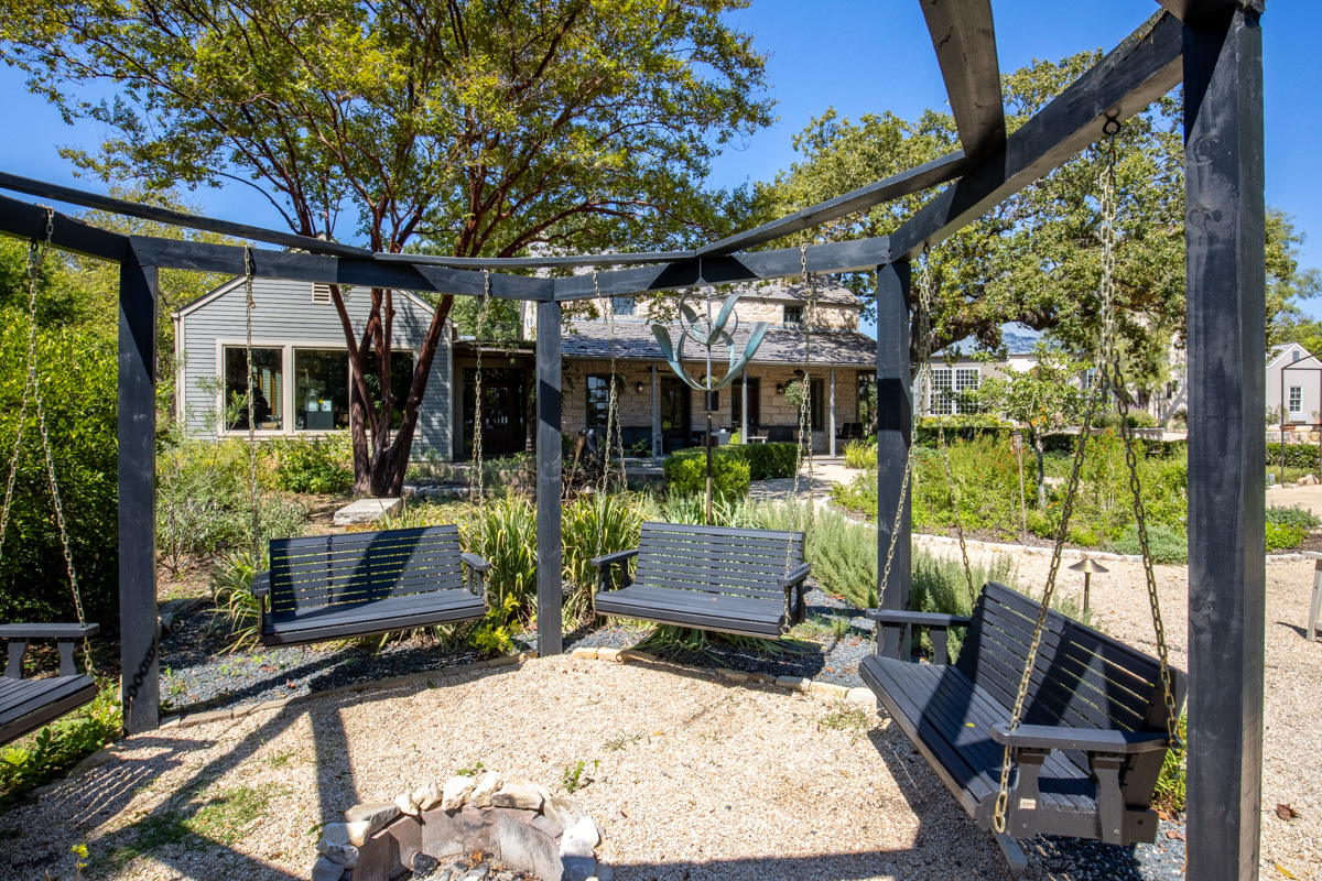 firepit swing benches at Hill Country Herb Garden Restaurant and Spa, Fredericksburg, TX 360 Virtual Tour for Hotel