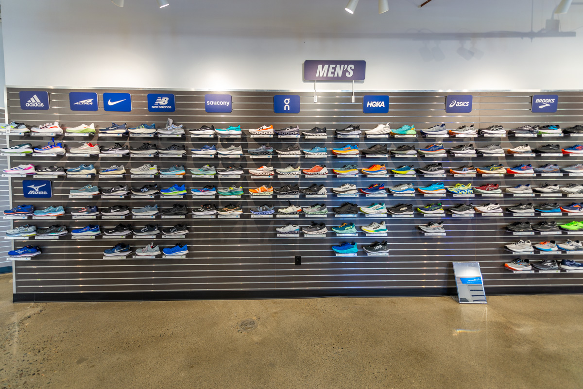 running shoes wall display at Road Runner Sports, Laguna Hills, CA 360 Virtual Tour for Running Shoe Store