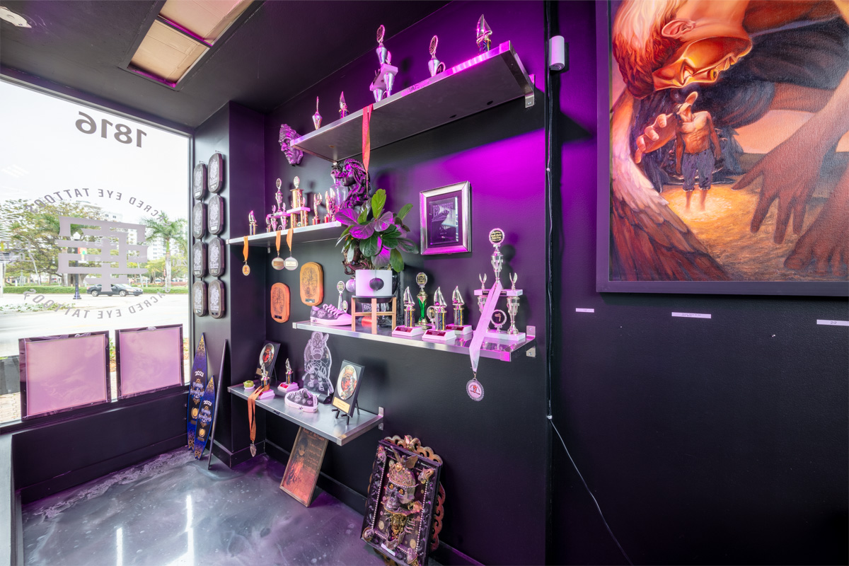 award trophies at Sacred Eye Tattoos, Hollywood, FL 360 Virtual Tour for Tattoo and piercing shop