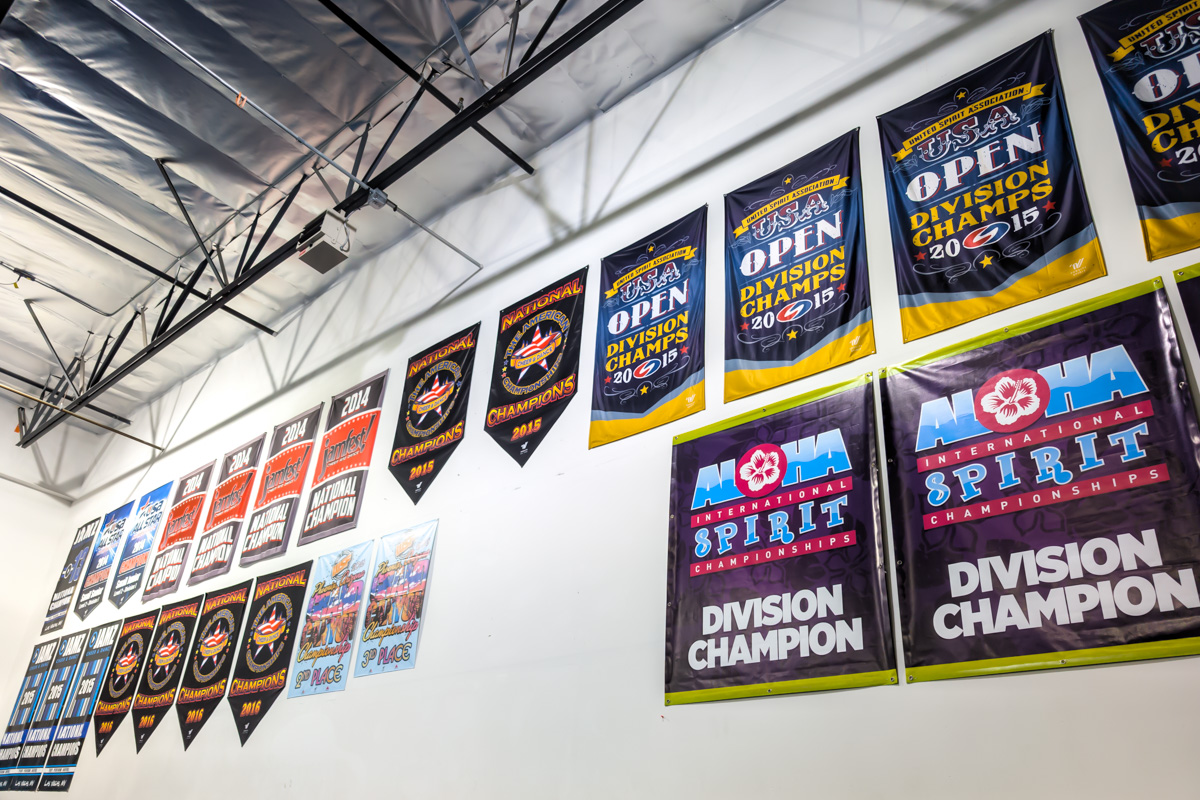 championship pennant flags at Las Vegas Elements Cheer and Tumbling Gym 360 Virtual Tour for Gymnastics center