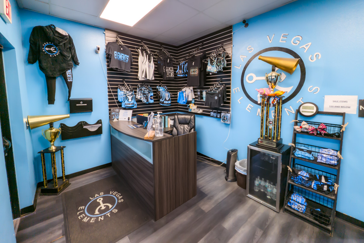 gift shop and welcome desk at Las Vegas Elements Cheer and Tumbling Gym 360 Virtual Tour for Gymnastics center
