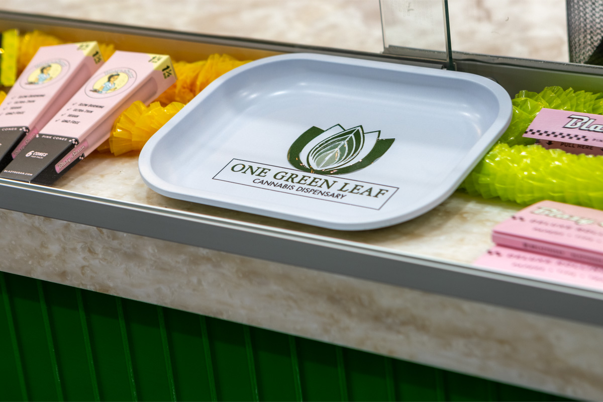 tray with logo of One Green Leaf Dispensary, Gibbsboro, NJ 360 Virtual Tour for Cannabis store