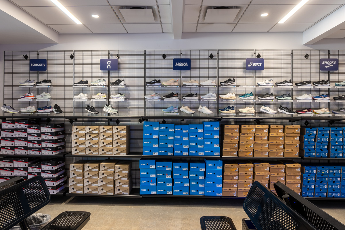 running sneakers wall display at Road Runner Sports, Woodland Hills, CA 360 Virtual Tour for Running Shoe Store