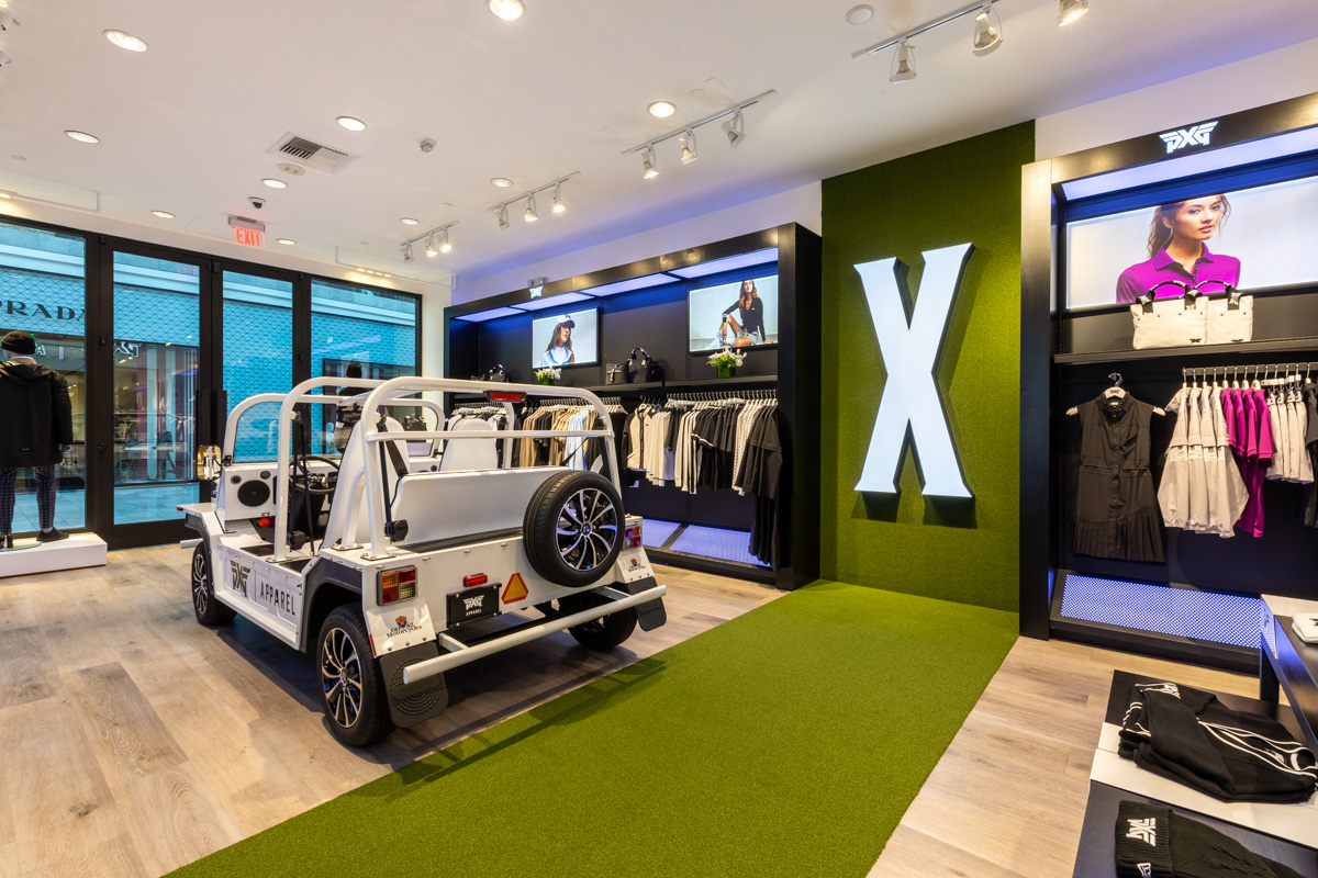 rear view of Moke Jeep Buggy in PXG Apparel Pop-Up Shop Scottsdale Fashion Square, AZ 360 Virtual Tour for Golf Clothing Store