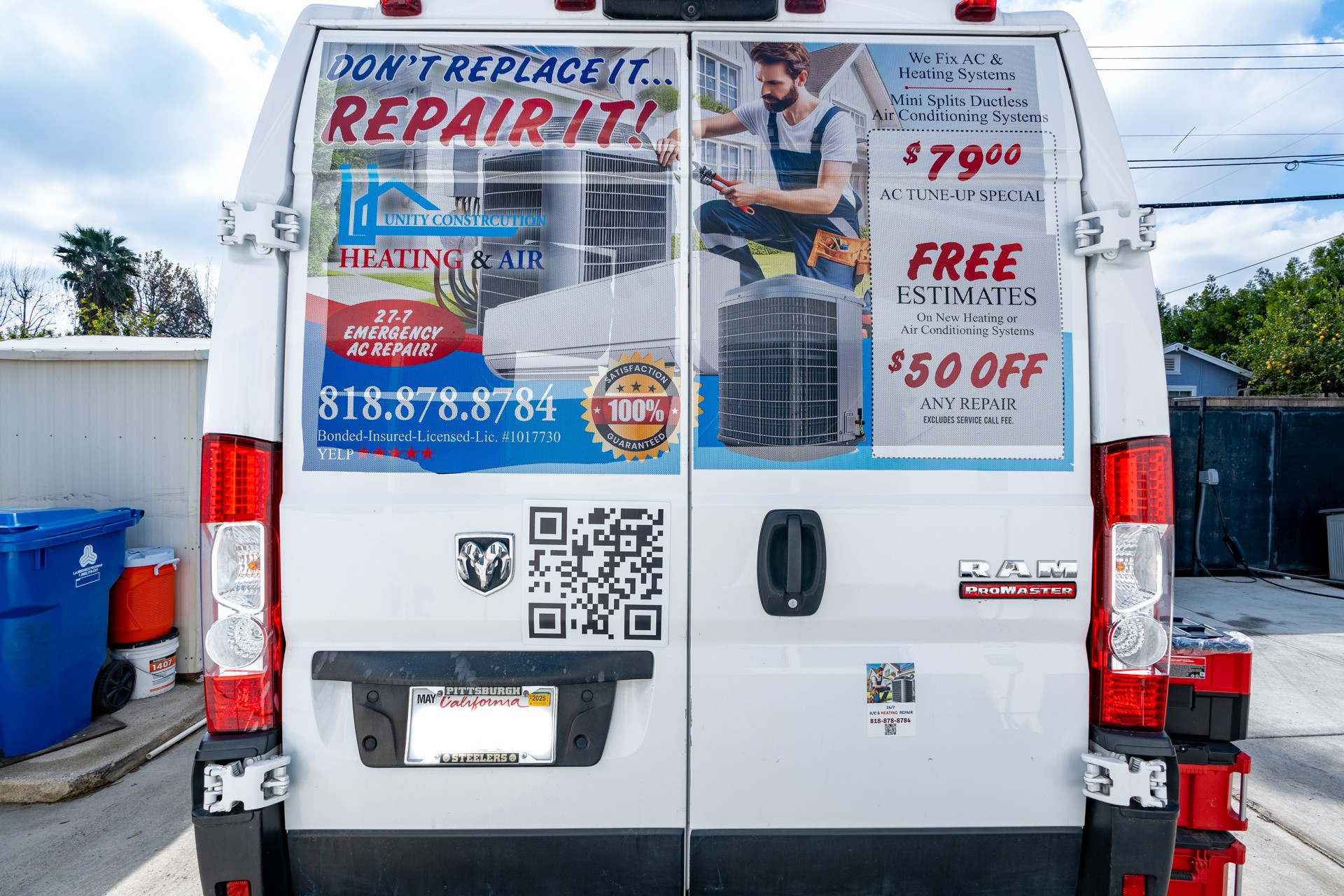 decals on van for air filter inventory at Unity Construction Heating & Air, Woodland Hills, CA 360 Virtual Tour for Air conditioning repair service