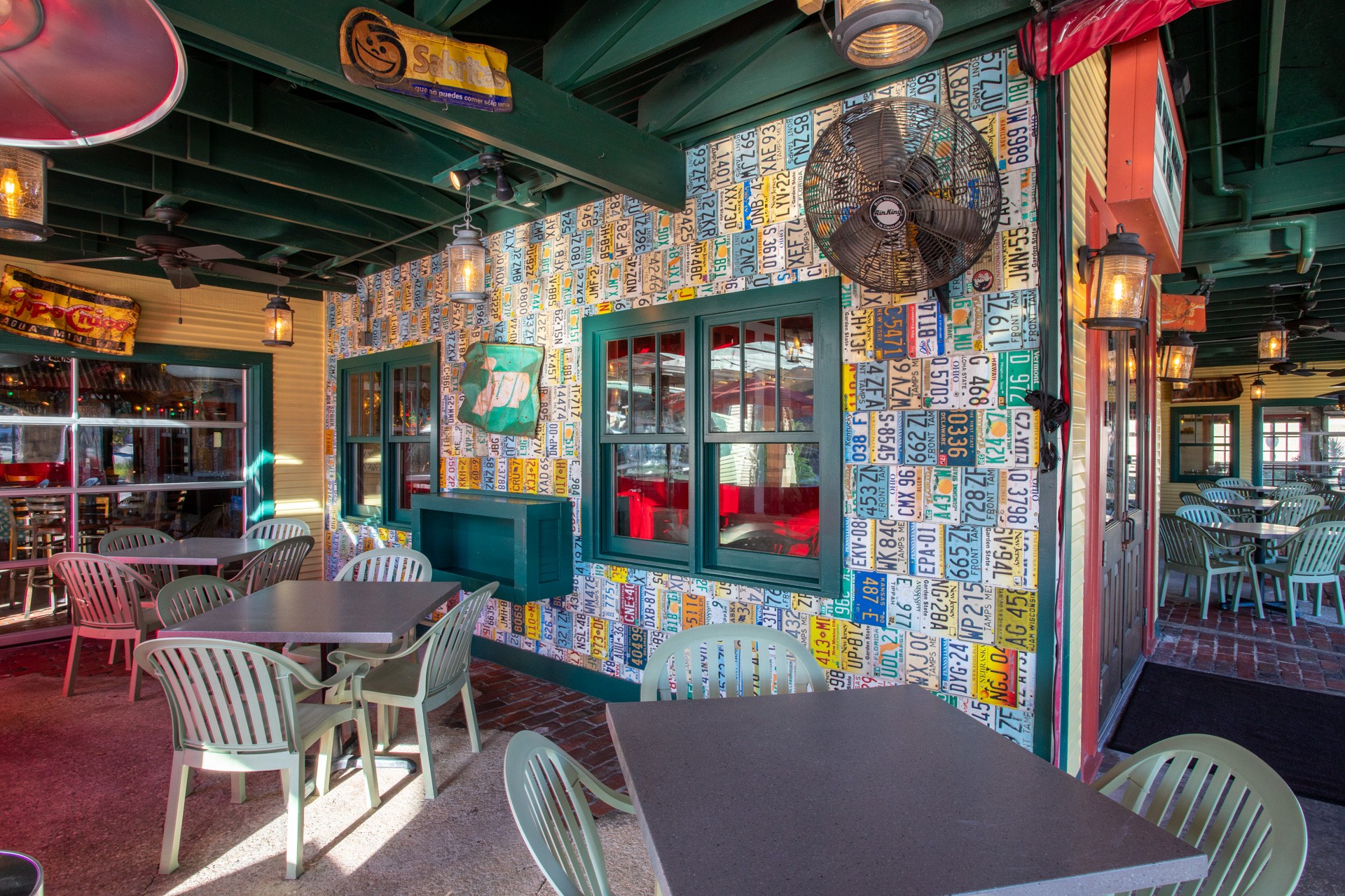 license plates wall in outside seating at Lupe Tortilla Mexican Restaurant, Tomball Houston, TX 360 Virtual Tour for Restaurant