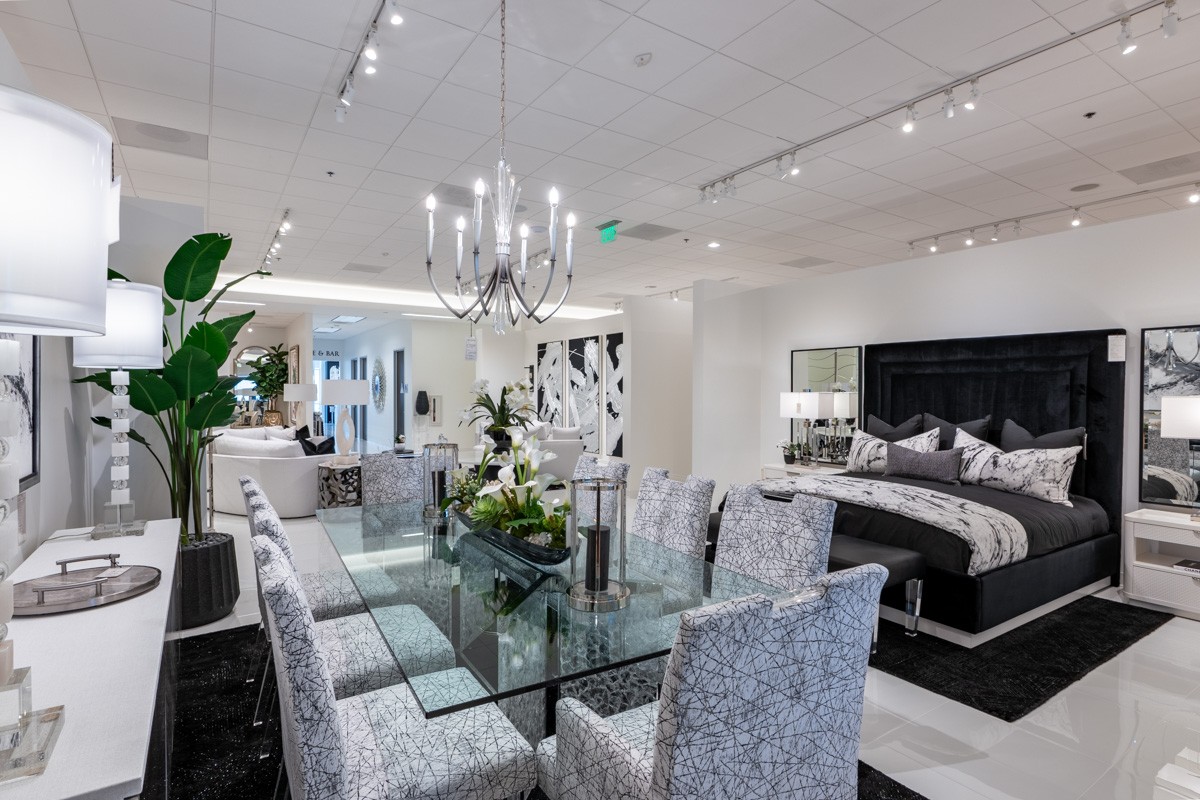 dining table and bed at Marc Pridmore Interiors, Costa Mesa, CA 360 Virtual Tour for Outdoor furniture store