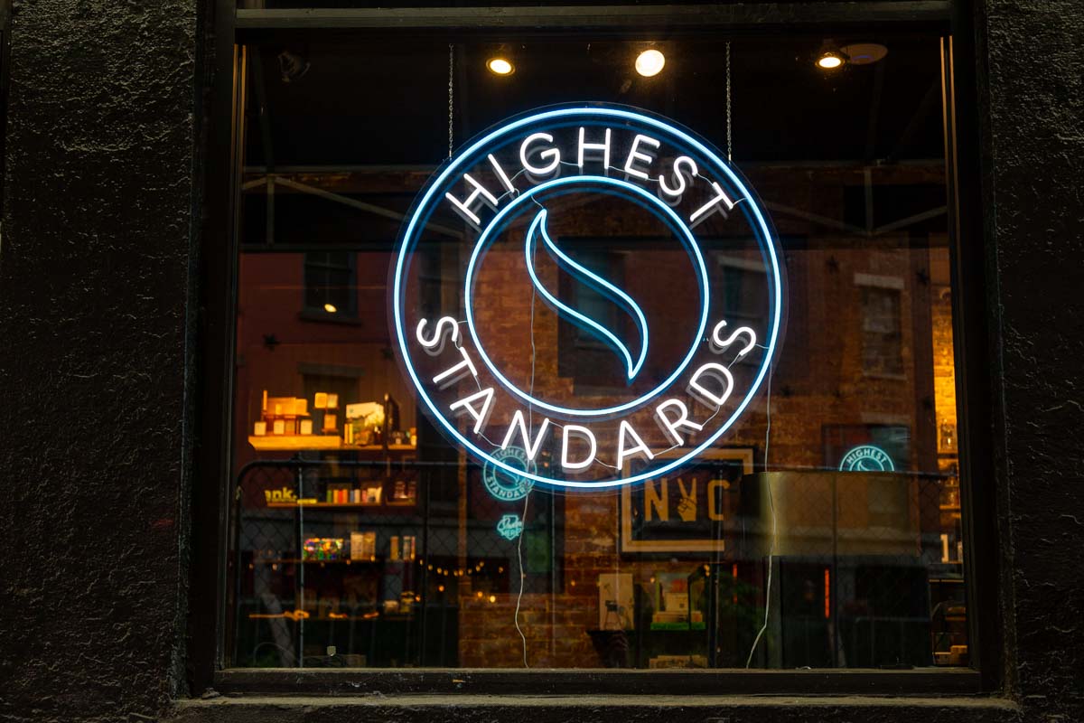 front neon sign of Highest Standards, New York, NY 360 Virtual Tour for Cannabis store